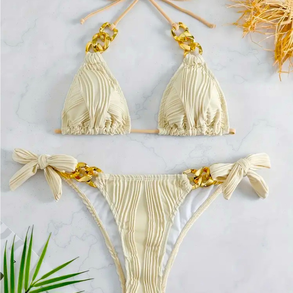 Elegant Cream Bikini with Gold Accents